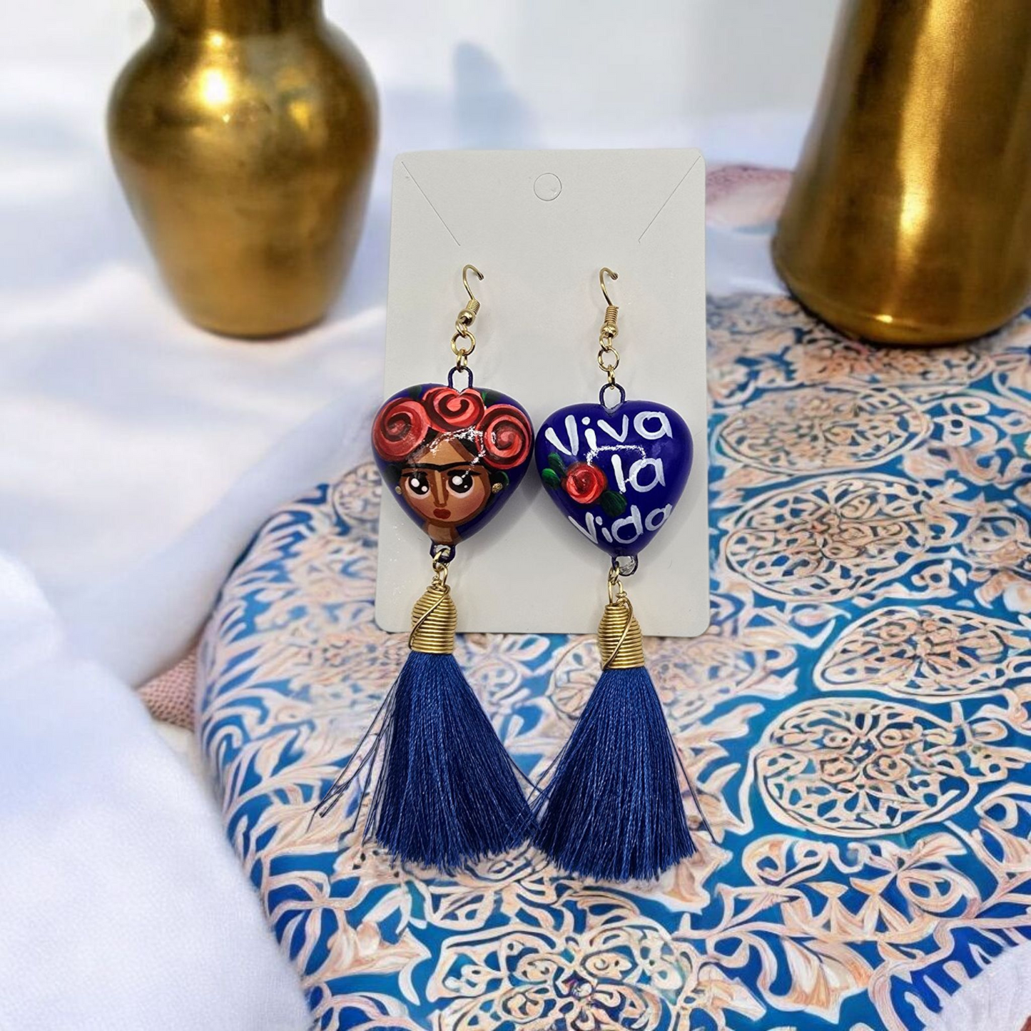 Heart Frida Kahlo Talavera Earrings with Tassel