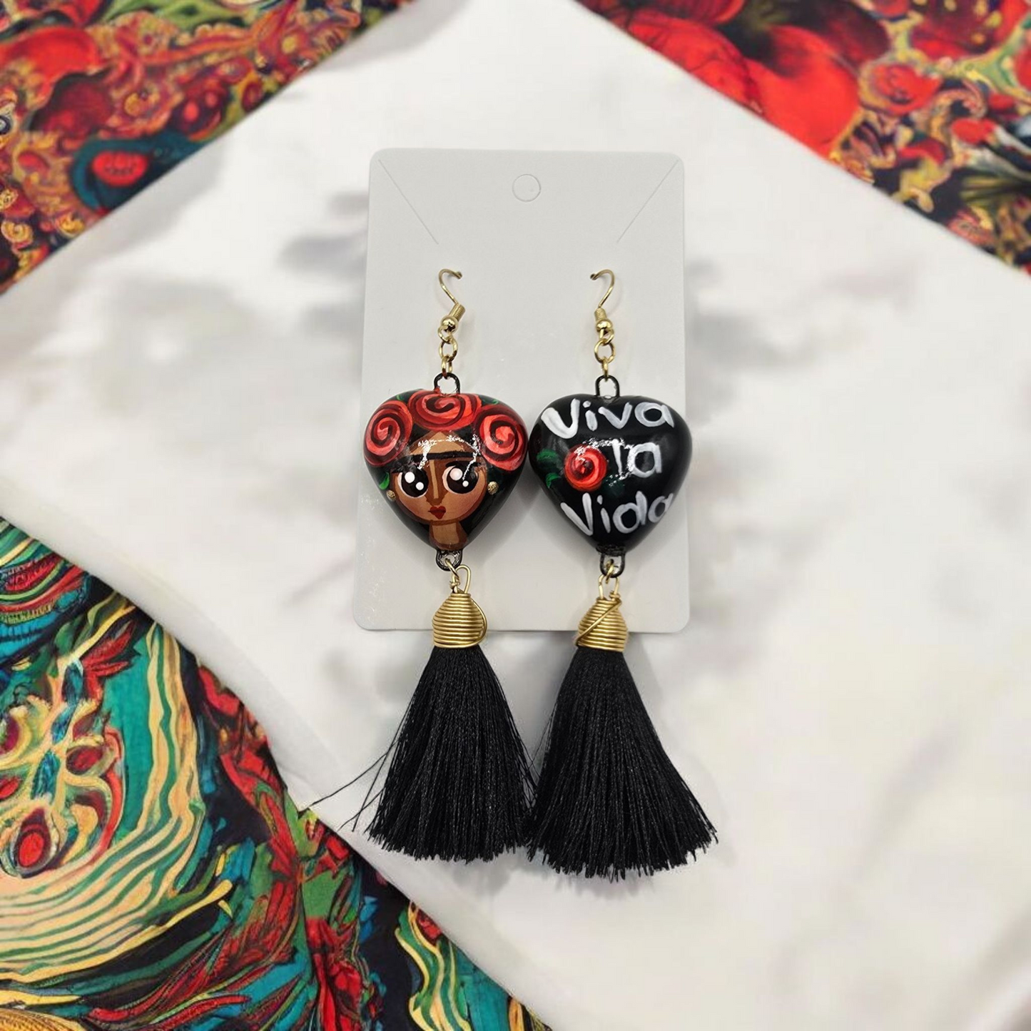 Heart Frida Kahlo Talavera Earrings with Tassel