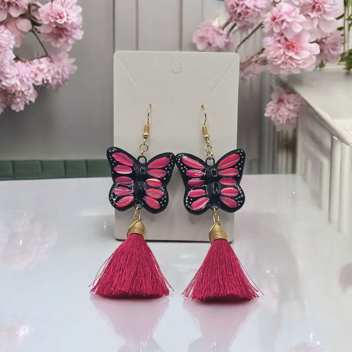 Pink Butterfly Talavera Earrings with Tassel