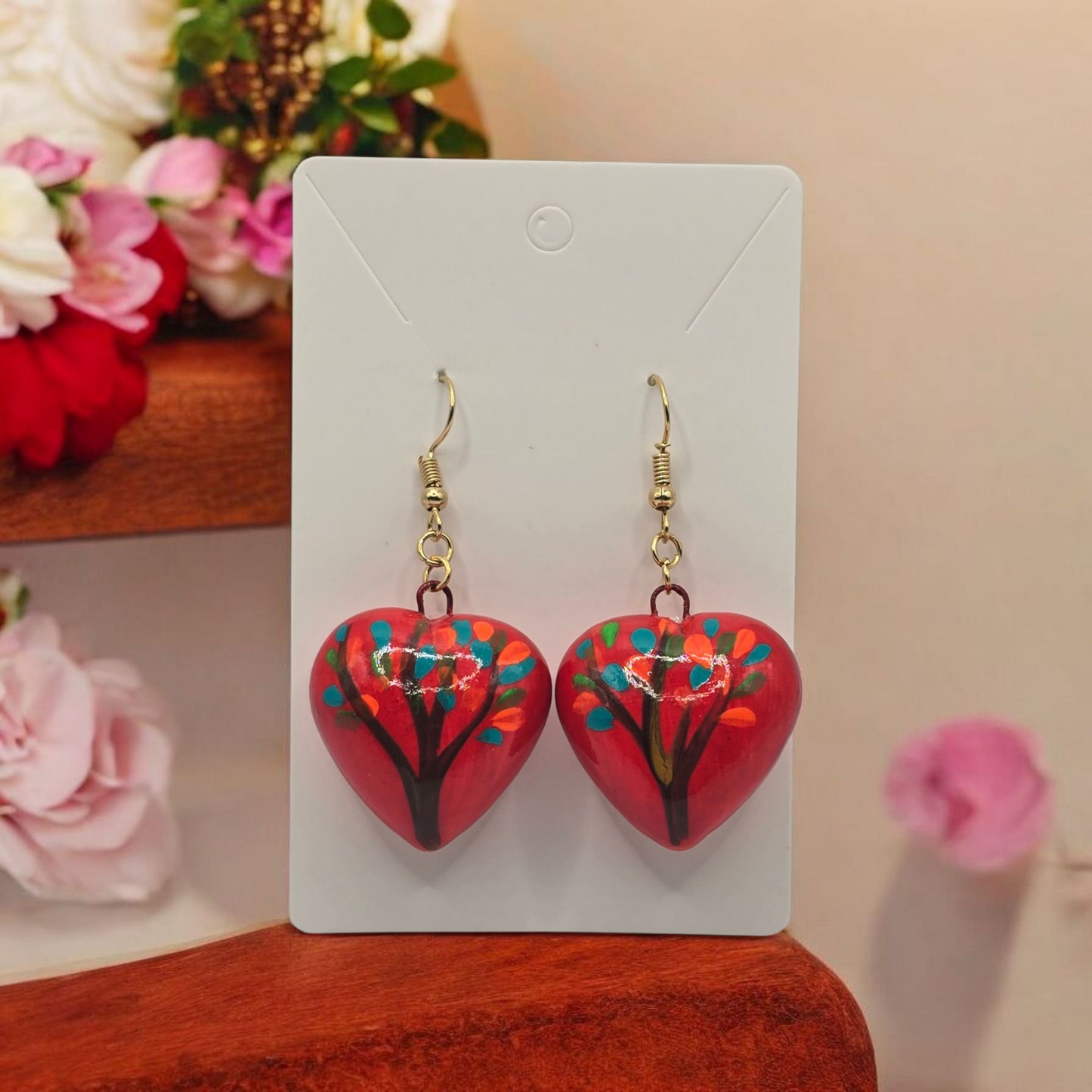 Talavera Heart with Multicolor Tree Design Earrings