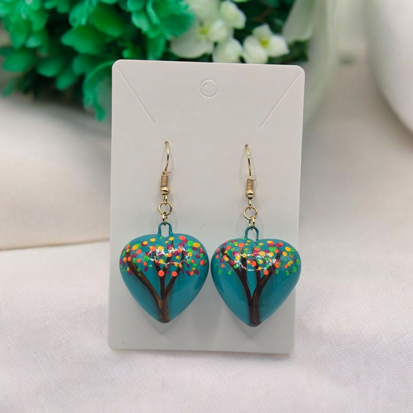 Talavera Heart with Multicolor Tree Design Earrings