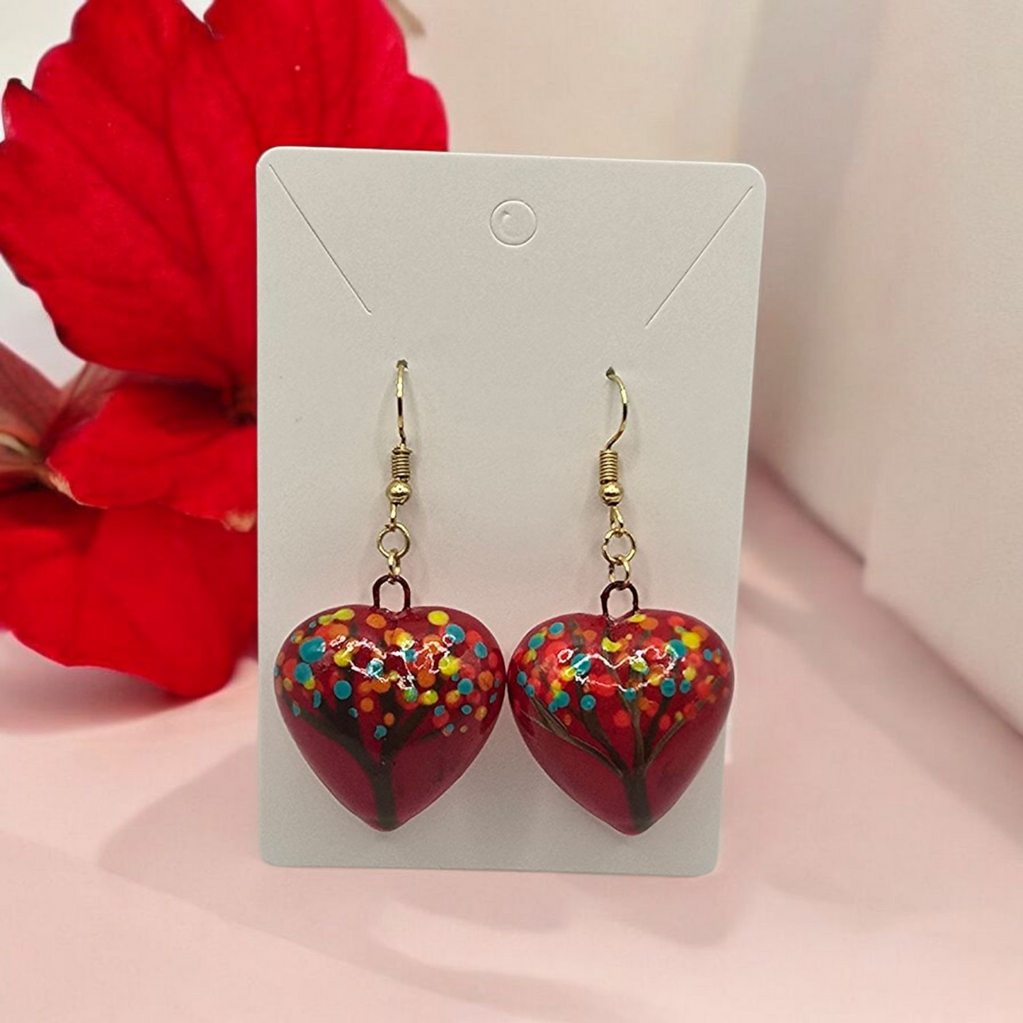 Talavera Heart with Multicolor Tree Design Earrings