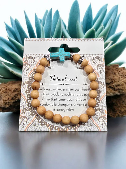 Light Wood Bead with Teal Cross Bracelet