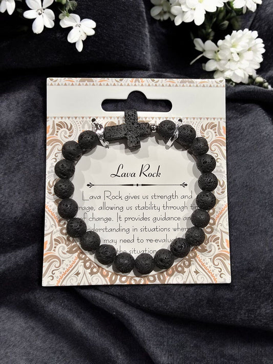 Lava Rock with Black Pendant and Cross Bracelet