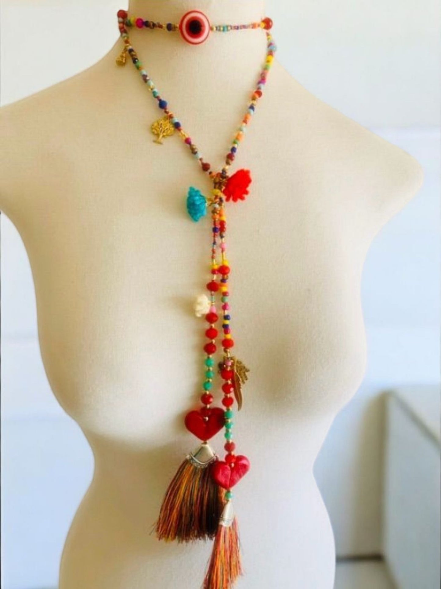 Red Heart Long Necklace with Tassel