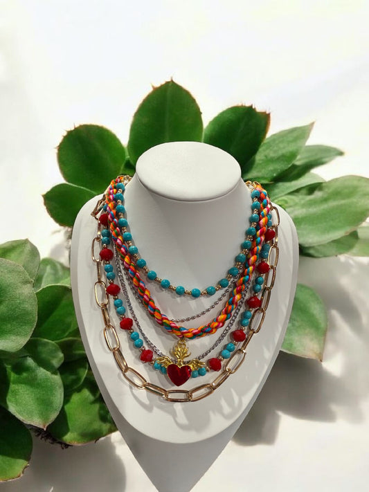 Red & Teal Multicolor Short Necklace